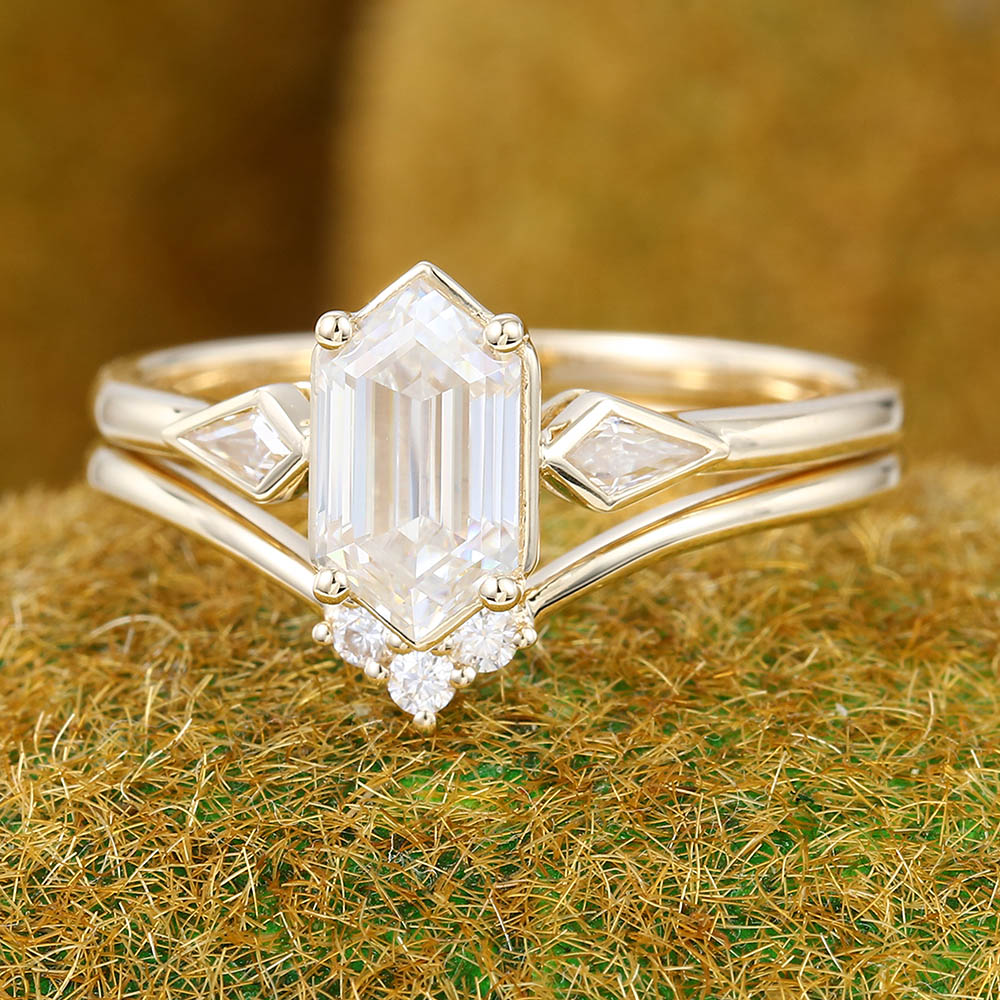 Elongated Hexagon Moissanite engagement ring set Unique yellow gold engagement ring Kite cut curved ring Wedding Promise Anniversary ring