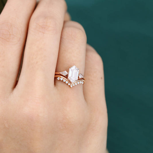 Elongated Hexagon Moissanite engagement ring set Unique Rose gold engagement ring Kite cut Diamond Wedding ring Promise Anniversary ring