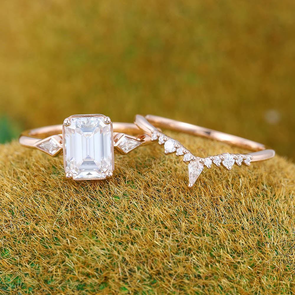 1.5CT Emerald Cut Moissanite Engagement Ring Set with Petite Moissanite Accents