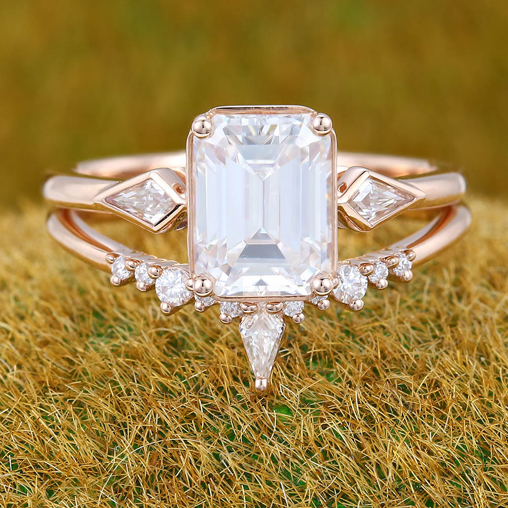 1.5CT Emerald Cut Moissanite Engagement Ring Set with Petite Moissanite Accents