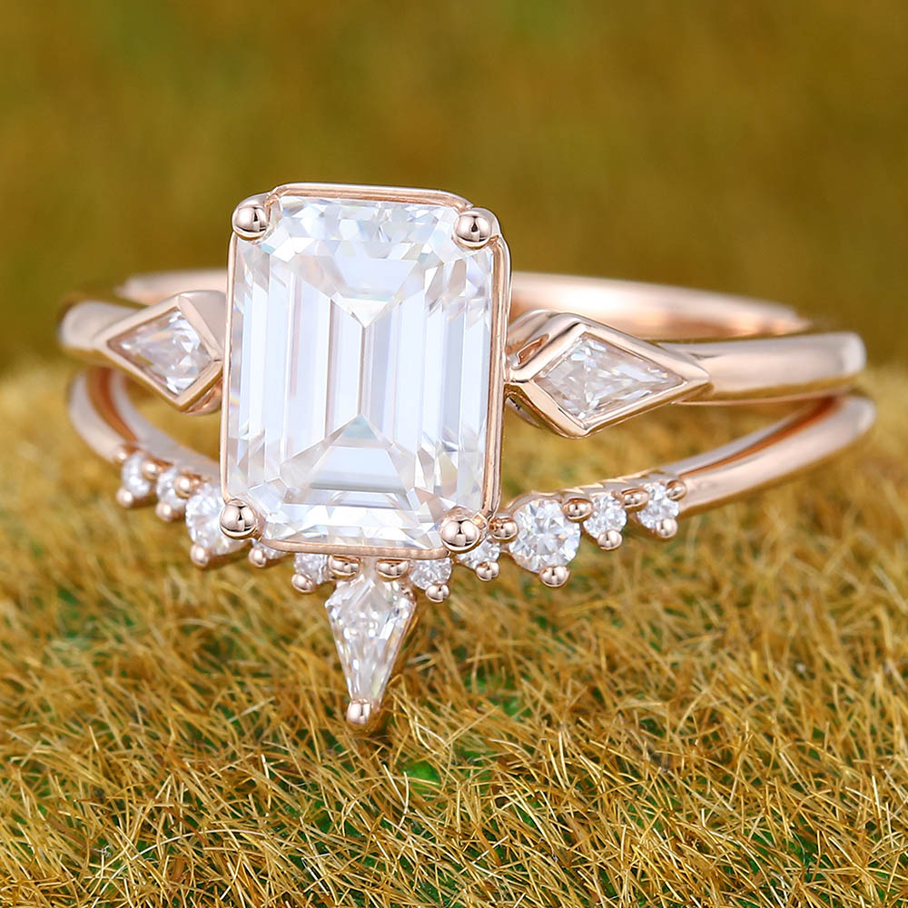 1.5CT Emerald Cut Moissanite Engagement Ring Set with Petite Moissanite Accents