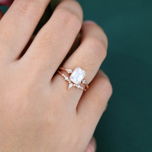 1.5CT Emerald Cut Moissanite Engagement Ring Set with Petite Moissanite Accents