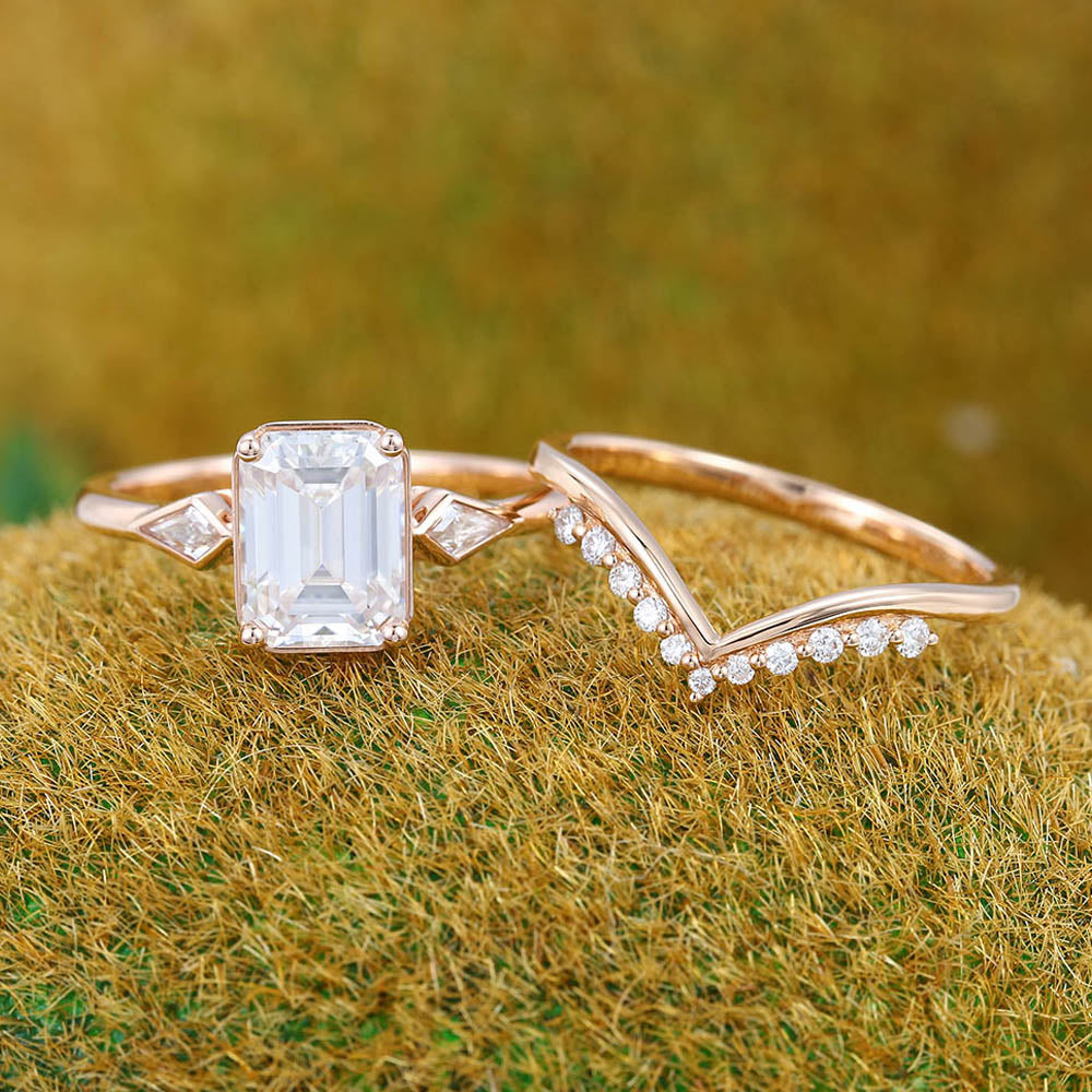 1.5CT Emerald Cut Moissanite Engagement Ring Set with Petite Round Moissanite Accents