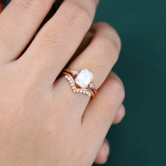 1.5CT Emerald Cut Moissanite Engagement Ring Set with Petite Round Moissanite Accents