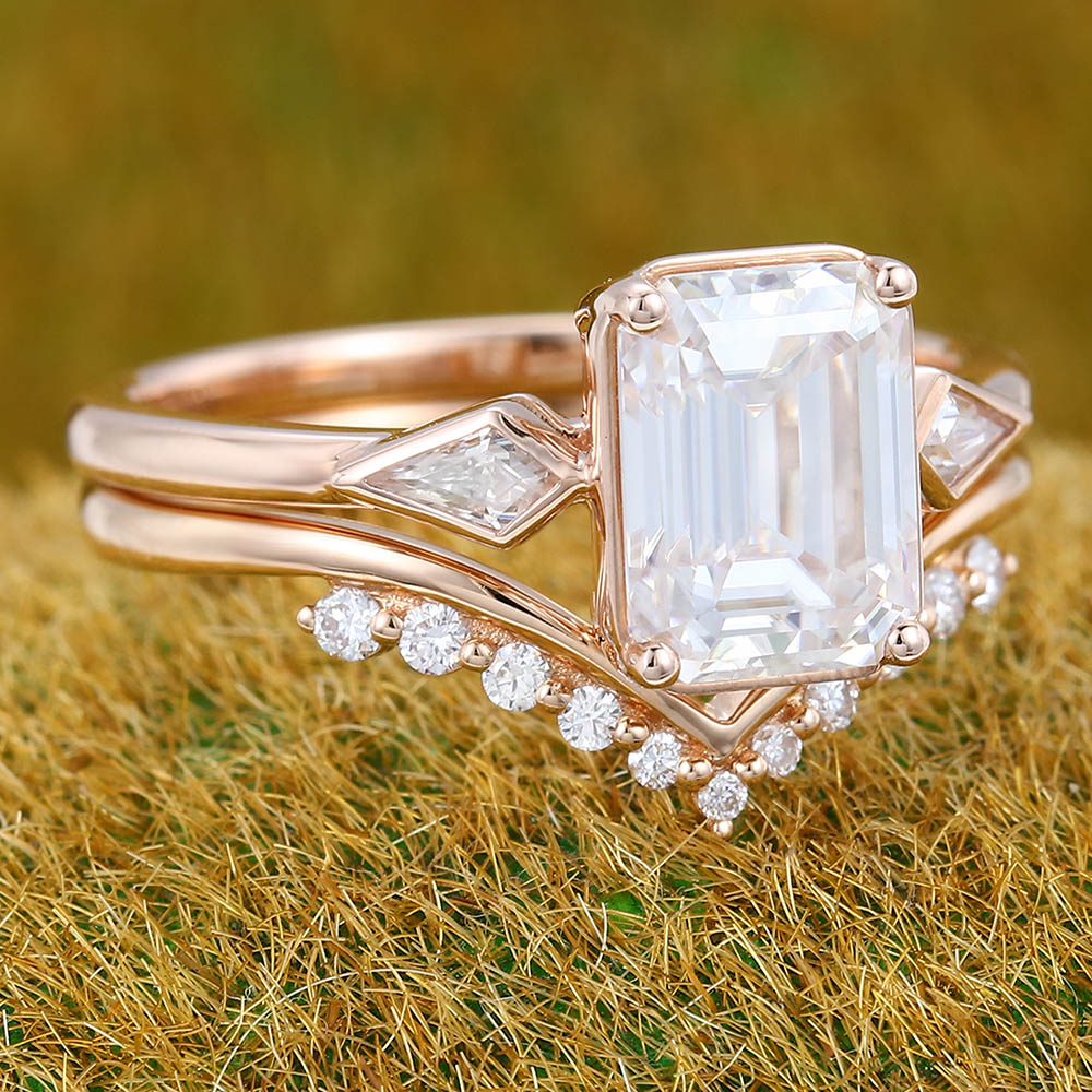 1.5CT Emerald Cut Moissanite Engagement Ring Set with Petite Round Moissanite Accents