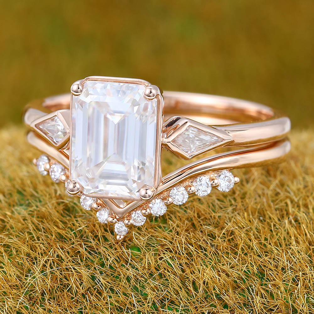 1.5CT Emerald Cut Moissanite Engagement Ring Set with Petite Round Moissanite Accents