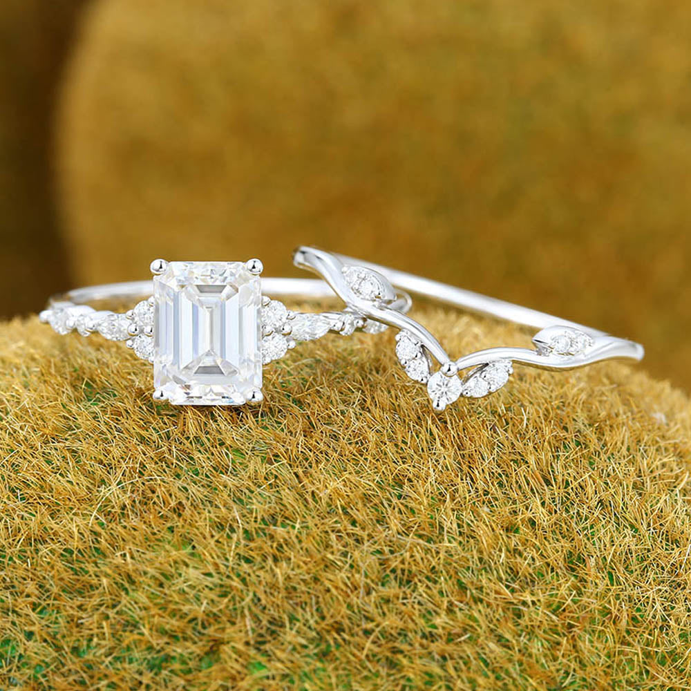 1.5CT Emerald Cut Moissanite Engagement Ring Set with Petite Cluster