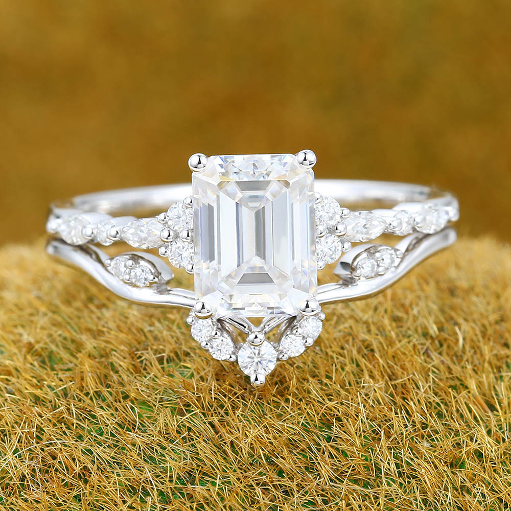 1.5CT Emerald Cut Moissanite Engagement Ring Set with Petite Cluster