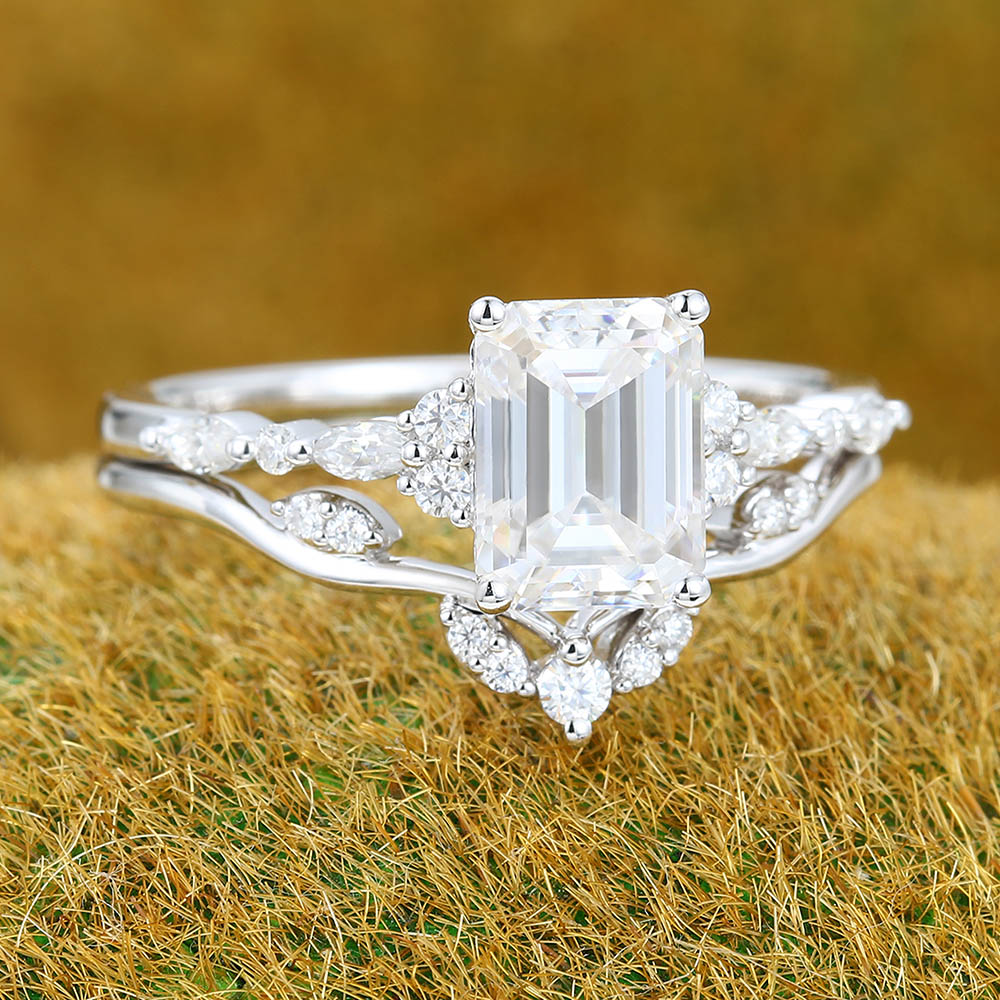 1.5CT Emerald Cut Moissanite Engagement Ring Set with Petite Cluster