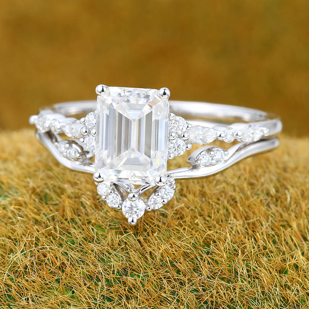 1.5CT Emerald Cut Moissanite Engagement Ring Set with Petite Cluster
