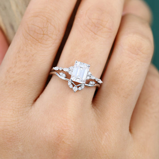 1.5CT Emerald Cut Moissanite Engagement Ring Set with Petite Cluster