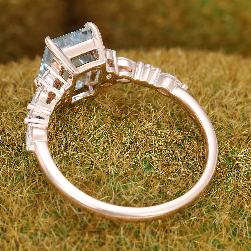 Emerald cut Aquamarine engagement ring Vintage Rose gold engagement ring Marquise Diamond cluster ring Art deco Promise Anniversary ring