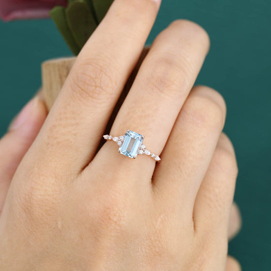 Emerald cut Aquamarine engagement ring Vintage Rose gold engagement ring Marquise Diamond cluster ring Art deco Promise Anniversary ring