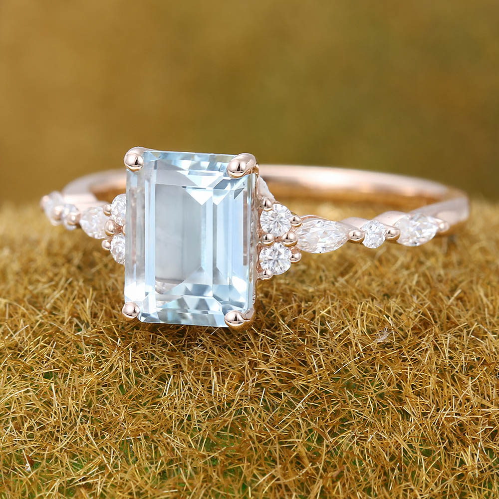 Emerald cut Aquamarine engagement ring Vintage Rose gold engagement ring Marquise Diamond cluster ring Art deco Promise Anniversary ring