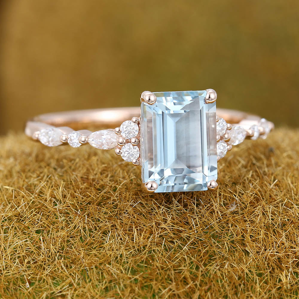 Emerald cut Aquamarine engagement ring Vintage Rose gold engagement ring Marquise Diamond cluster ring Art deco Promise Anniversary ring