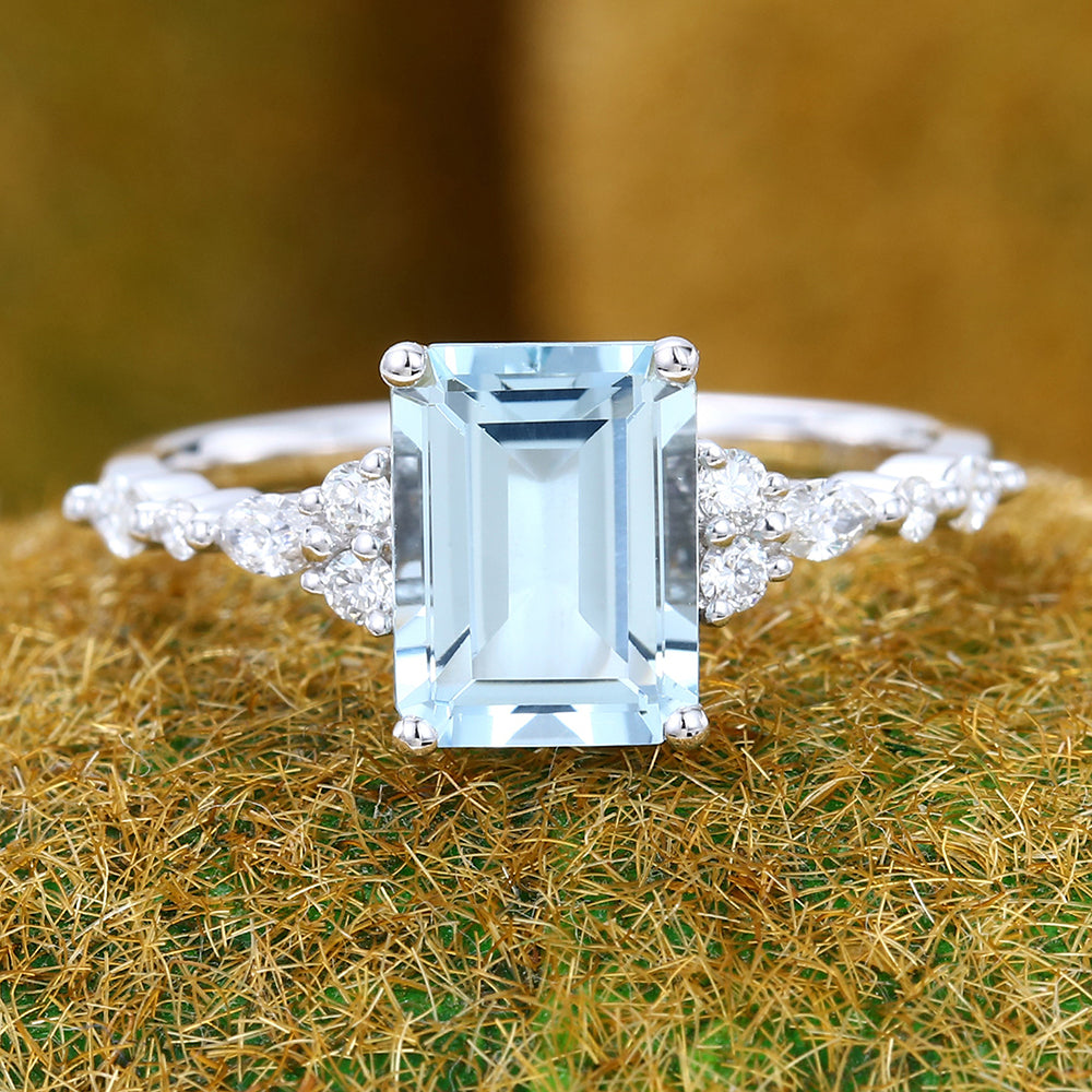 Emerald cut Aquamarine engagement ring Vintage Rose gold engagement ring Marquise Diamond cluster ring Art deco Promise Anniversary ring