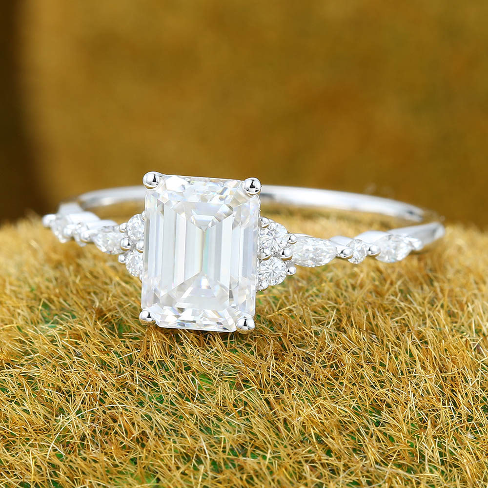Emerald cut Moissanite engagement ring Vintage white gold engagement ring Marquise Diamond cluster ring Art deco Promise Anniversary ring