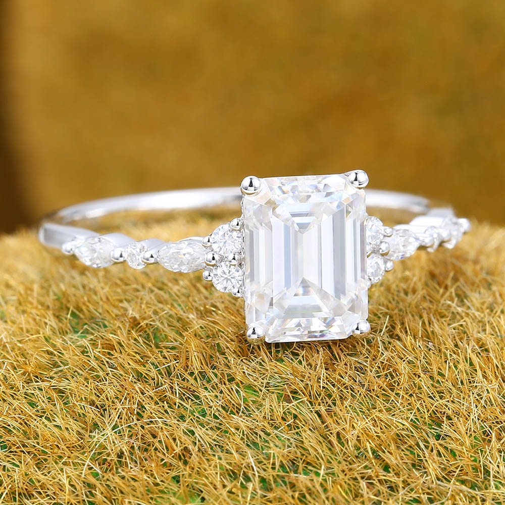 Emerald cut Moissanite engagement ring Vintage white gold engagement ring Marquise Diamond cluster ring Art deco Promise Anniversary ring