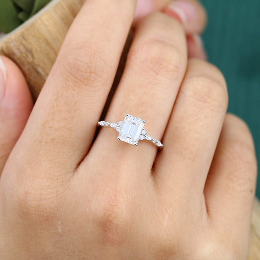Emerald cut Moissanite engagement ring Vintage white gold engagement ring Marquise Diamond cluster ring Art deco Promise Anniversary ring