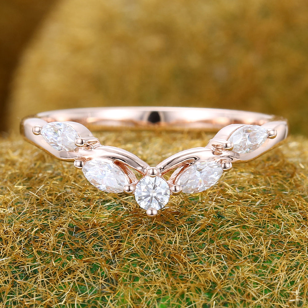 Filigree Marquise & Round Moissanite Curved Wedding Band Bridal Stacking Ring