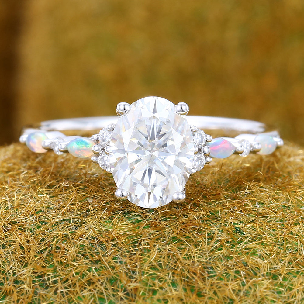 Oval Cut Moissanite Engagement Ring with Opal Accents Half Eternity Ring