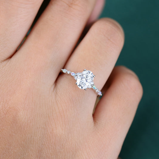 Oval Cut Moissanite Engagement Ring with Opal Accents Half Eternity Ring