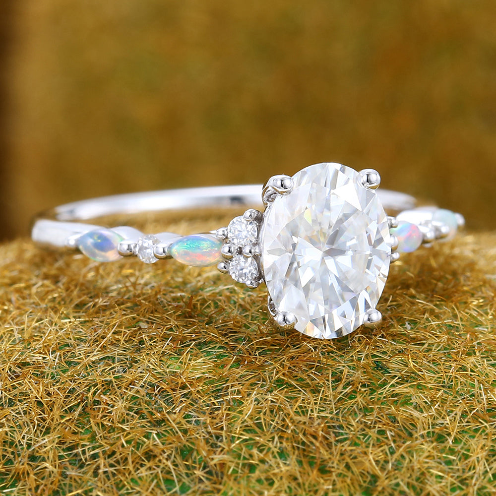 Oval Cut Moissanite Engagement Ring with Opal Accents Half Eternity Ring