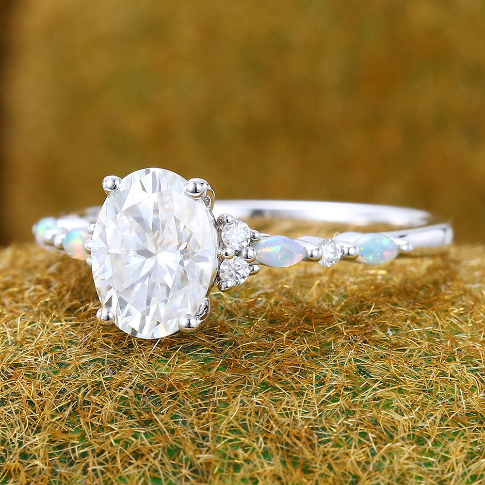 Oval Cut Moissanite Engagement Ring with Opal Accents Half Eternity Ring