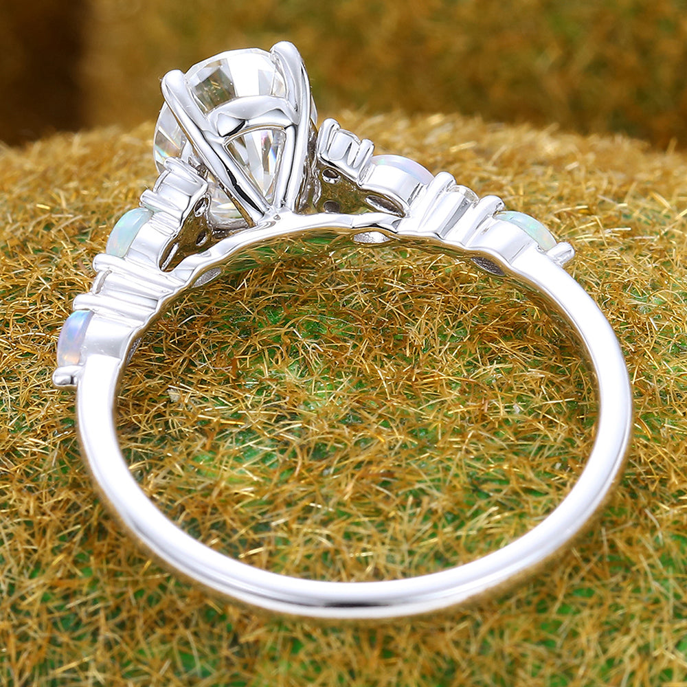 Oval Cut Moissanite Engagement Ring with Opal Accents Half Eternity Ring