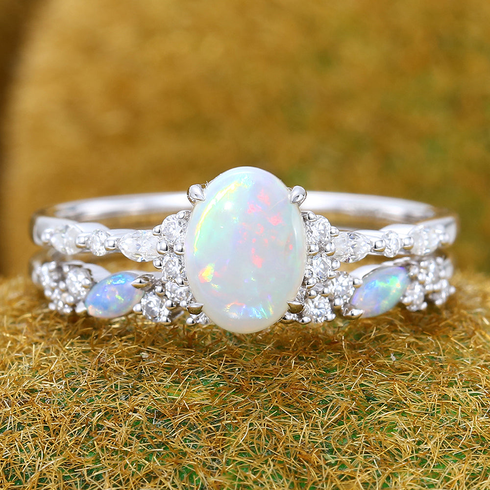 Four-Claw Prong Oval Cut Opal Engagement Ring Set 2PCS Bridal Ring Set