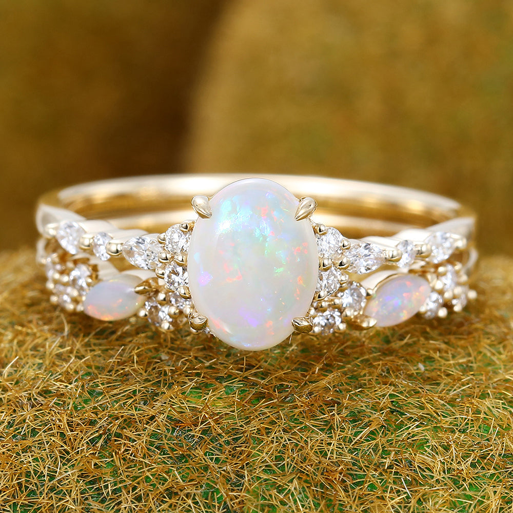 Four-Claw Prong Oval Cut Opal Engagement Ring Set 2PCS Bridal Ring Set