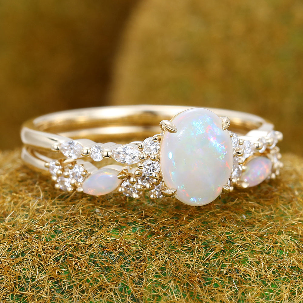 Four-Claw Prong Oval Cut Opal Engagement Ring Set 2PCS Bridal Ring Set