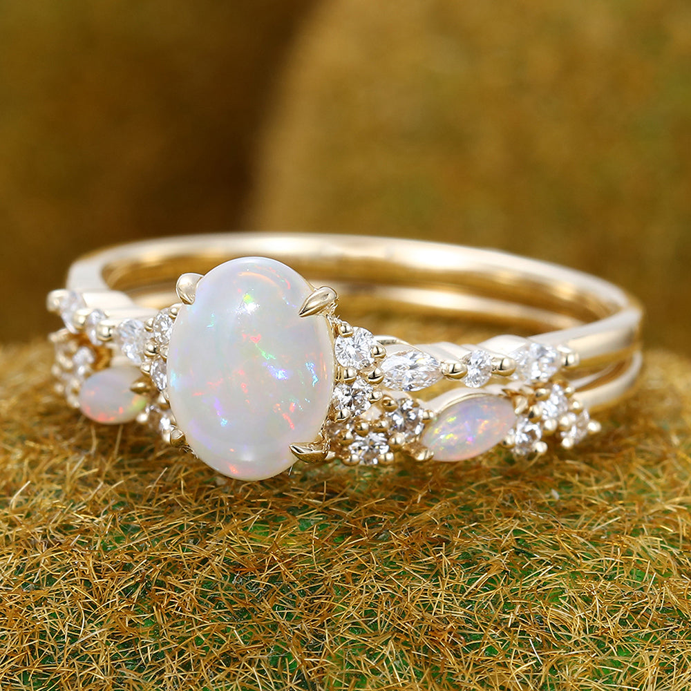 Four-Claw Prong Oval Cut Opal Engagement Ring Set 2PCS Bridal Ring Set