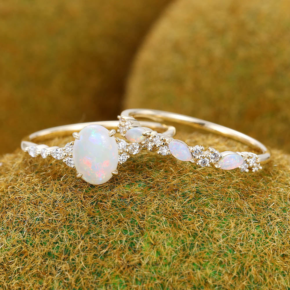 Four-Claw Prong Oval Cut Opal Engagement Ring Set 2PCS Bridal Ring Set
