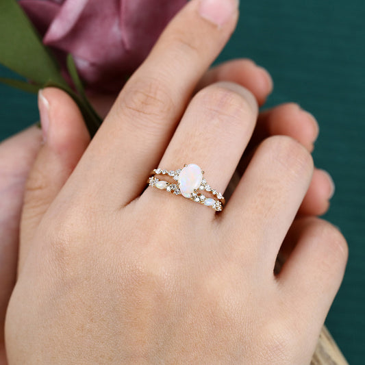 Four-Claw Prong Oval Cut Opal Engagement Ring Set 2PCS Bridal Ring Set