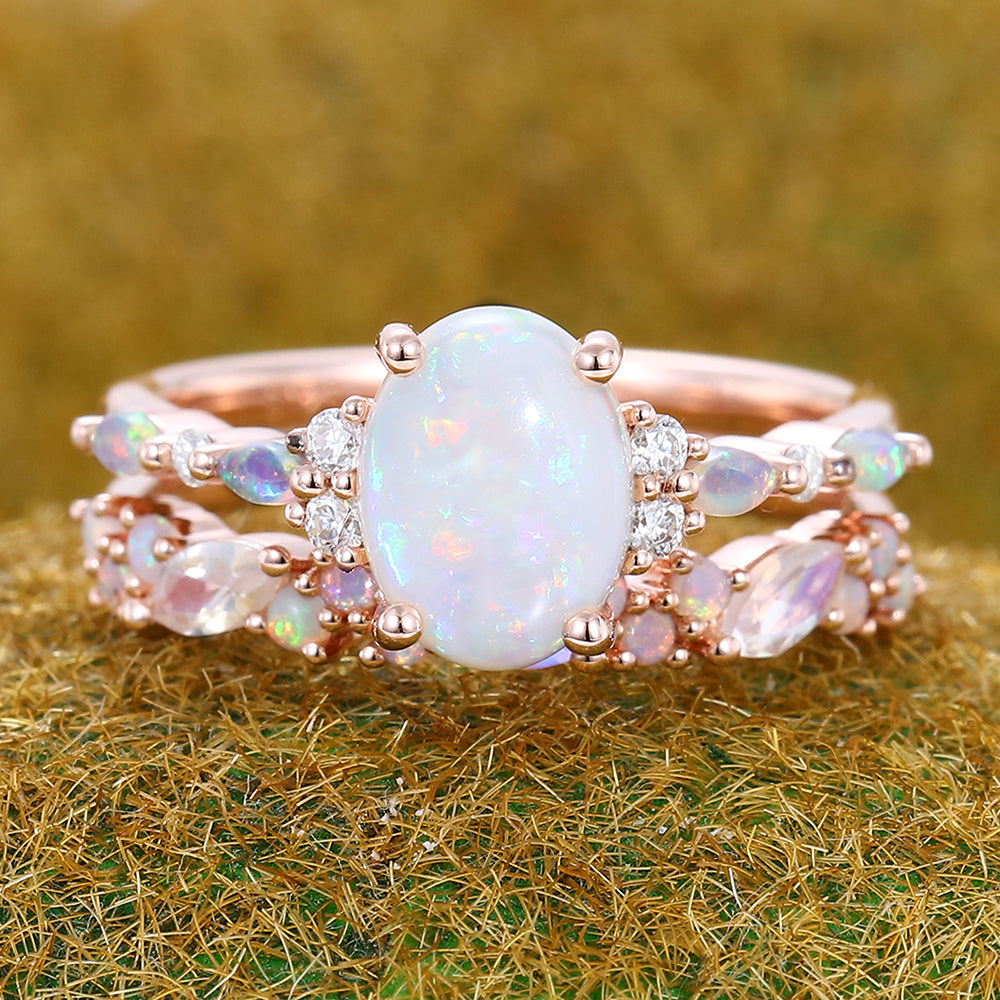 Four-Claw Prong Oval Cut Opal Engagement Ring Set 2PCS Bridal Ring Set