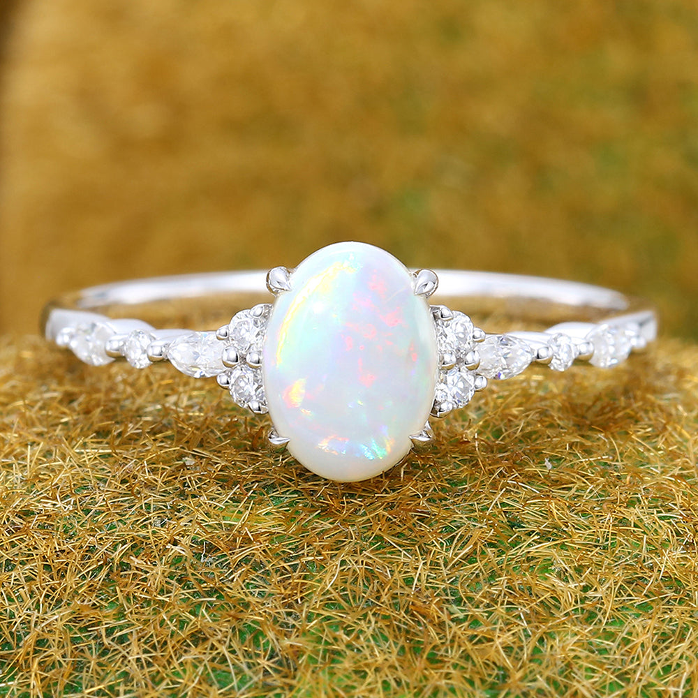 Four-Claw Prong Oval Cut Opal Engagement Ring with Moissanite Cluster Accents