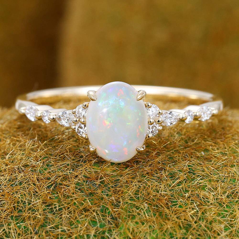 Four-Claw Prong Oval Cut Opal Engagement Ring with Moissanite Cluster Accents