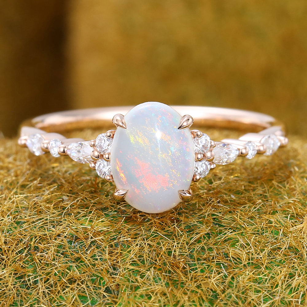 Four-Claw Prong Oval Cut Opal Engagement Ring with Moissanite Cluster Accents