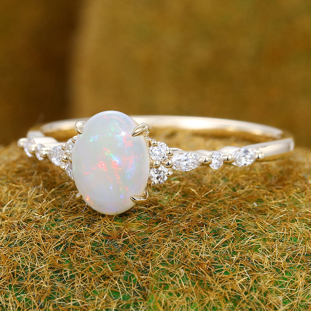 Four-Claw Prong Oval Cut Opal Engagement Ring with Moissanite Cluster Accents