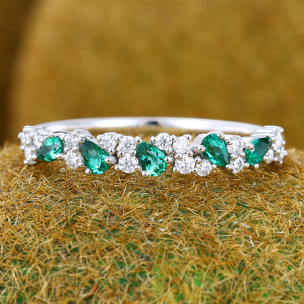 Half Eternity Pear Emerald Wedding Band Bridal Matching Stackable Ring