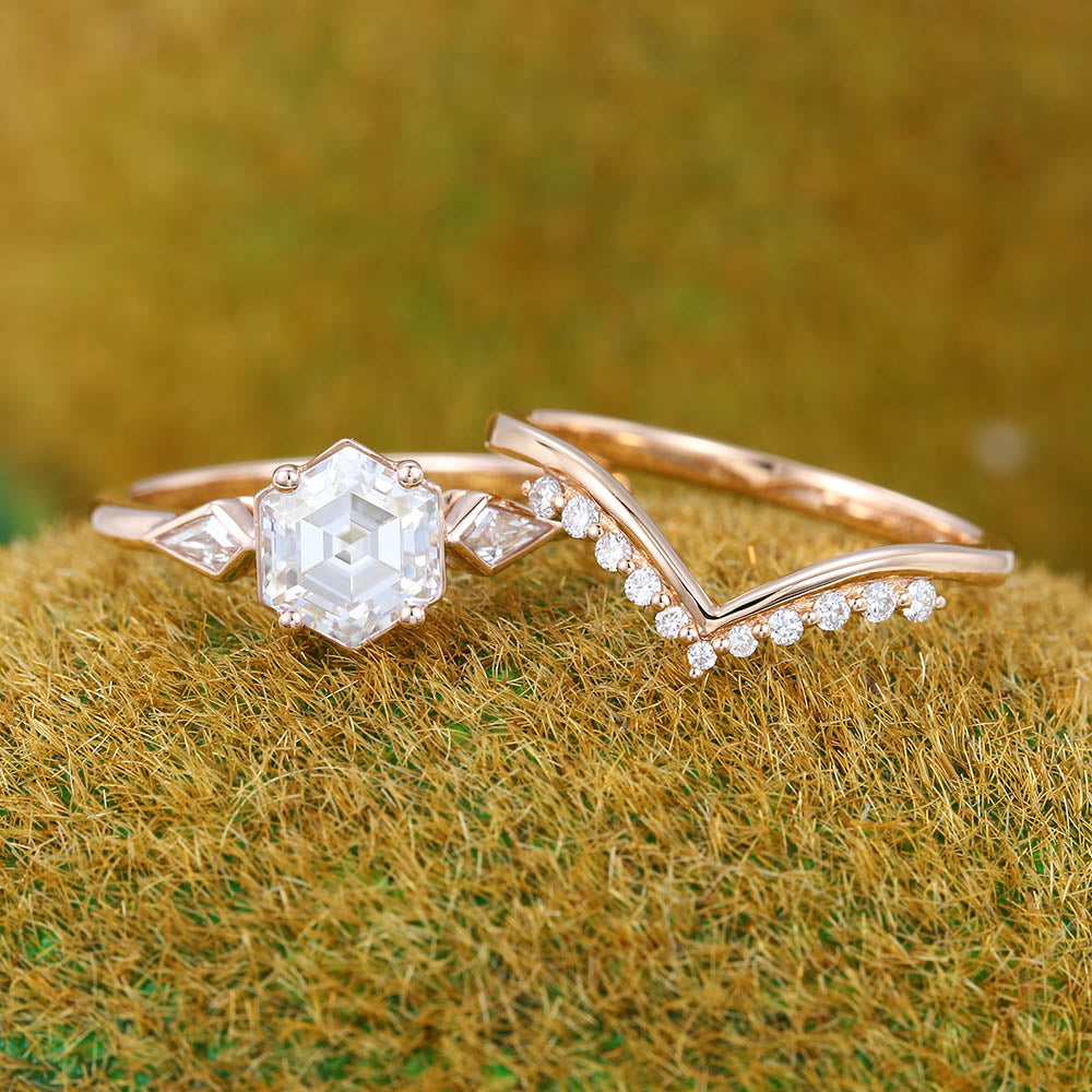 1CT Hexagon Cut Moissanite Engagement Ring Set with Petite Round Moissanite Accent Bridal Band