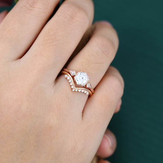 1CT Hexagon Cut Moissanite Engagement Ring Set with Petite Round Moissanite Accent Bridal Band