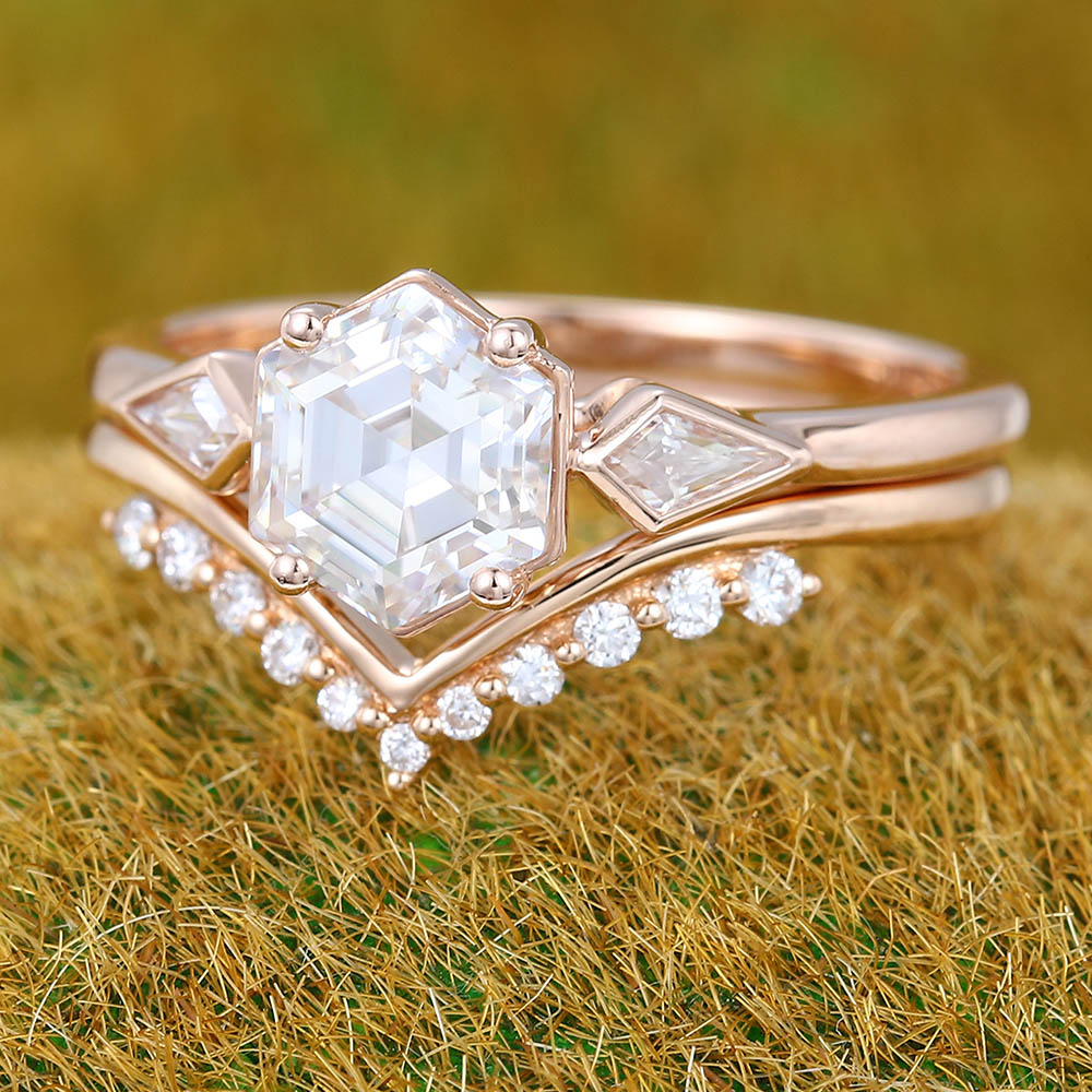 1CT Hexagon Cut Moissanite Engagement Ring Set with Petite Round Moissanite Accent Bridal Band