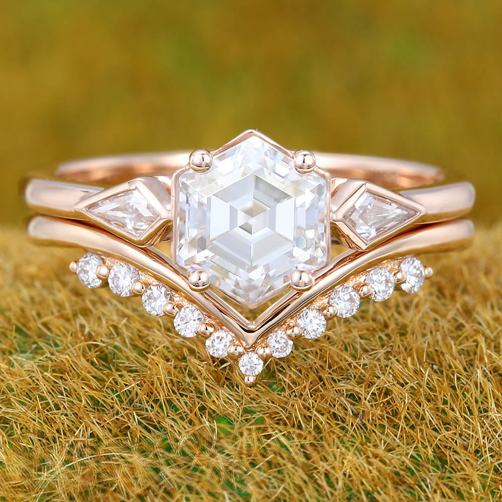 1CT Hexagon Cut Moissanite Engagement Ring Set with Petite Round Moissanite Accent Bridal Band