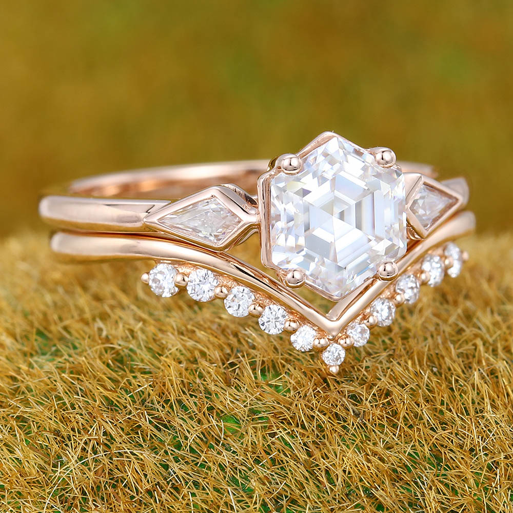 1CT Hexagon Cut Moissanite Engagement Ring Set with Petite Round Moissanite Accent Bridal Band