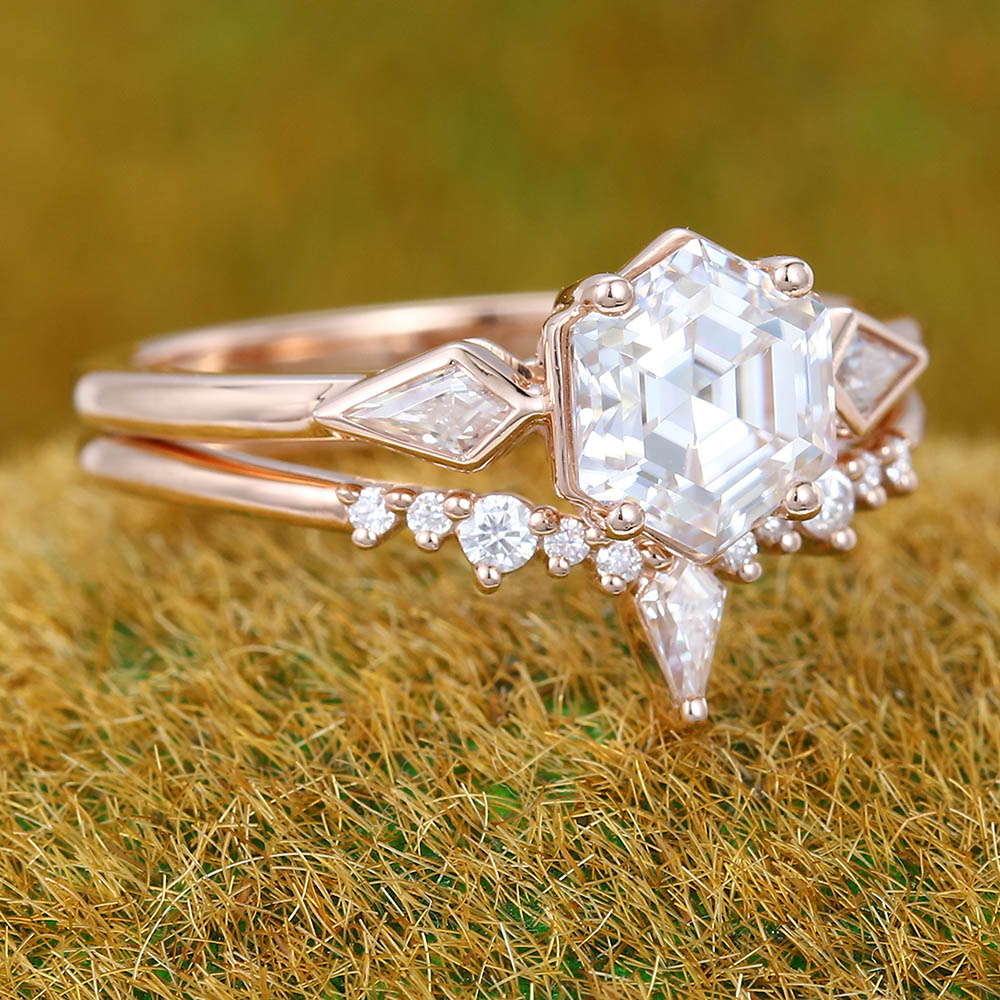 1CT Hexagon Cut Moissanite Engagement Ring Set with Petite Moissanite Accents
