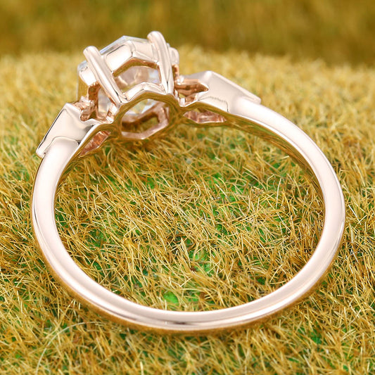 1CT Hexagon Cut Moissanite Engagement Ring with Kite Accented