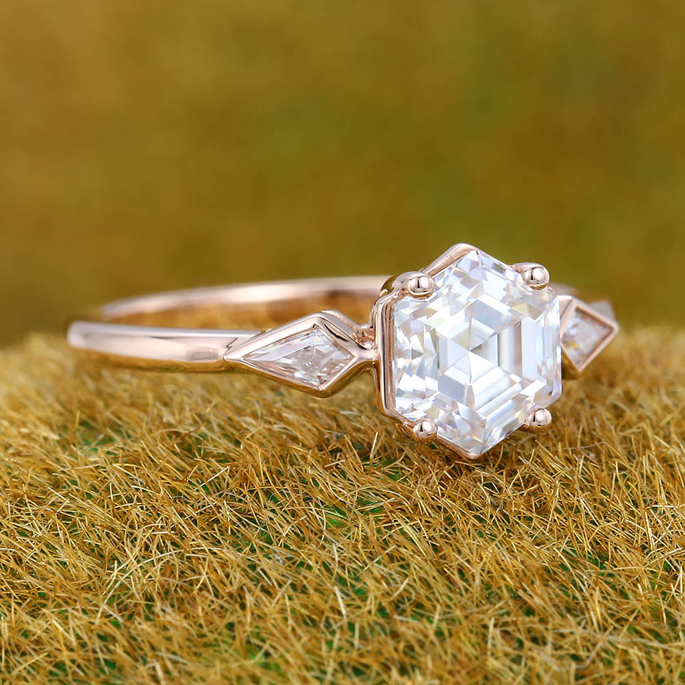 1CT Hexagon Cut Moissanite Engagement Ring with Kite Accented