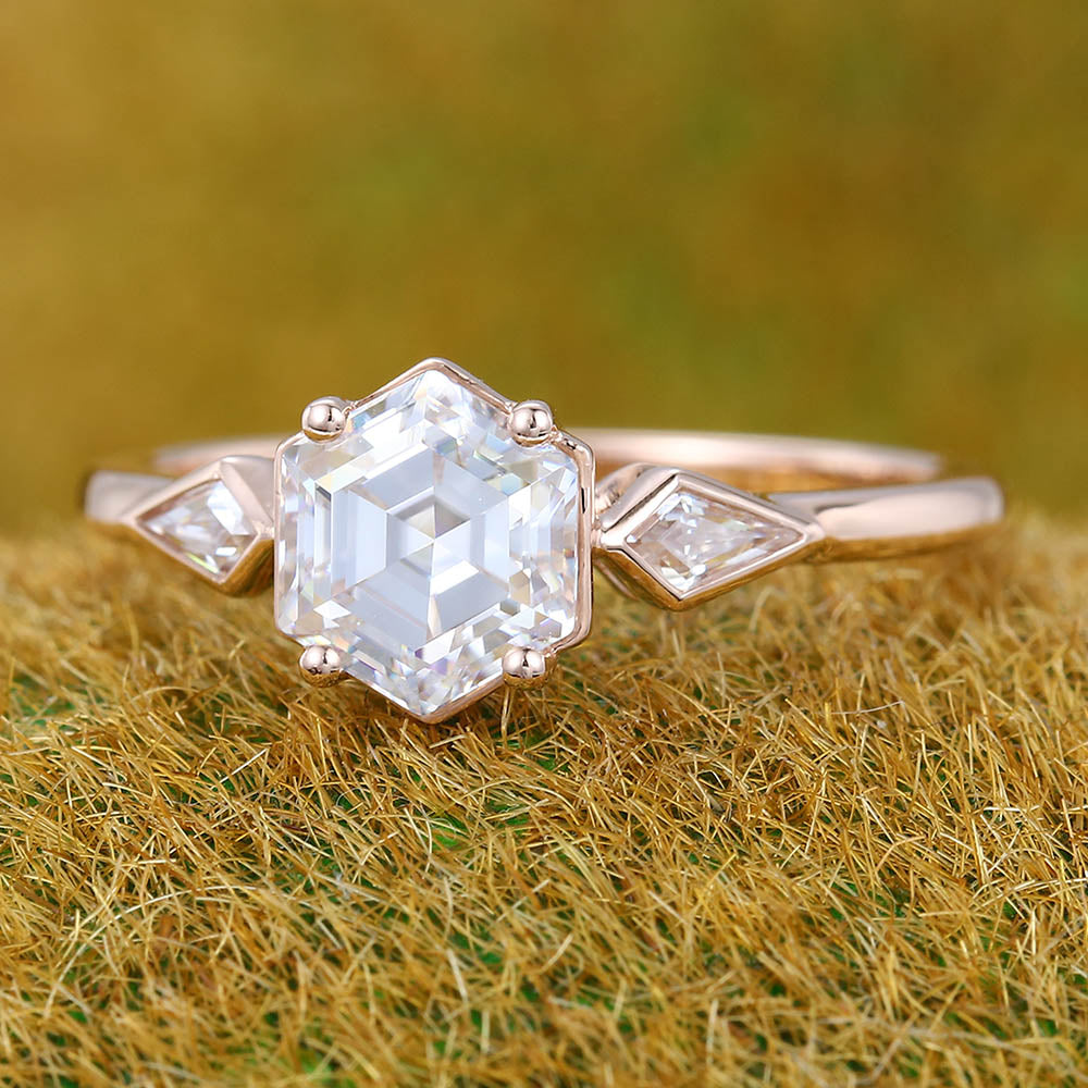 1CT Hexagon Cut Moissanite Engagement Ring with Kite Accented